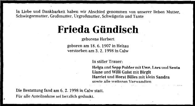 Herbert Frieda 1907-1998 Todesanzeige